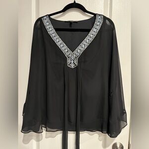 White House Black Market Black Sheer V-Neck Beaded Blouse